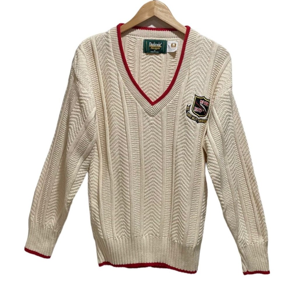 Dunebrooke Red River Fighter Pilots Ivory Cotton Cable Knit V-Neck Sweater M